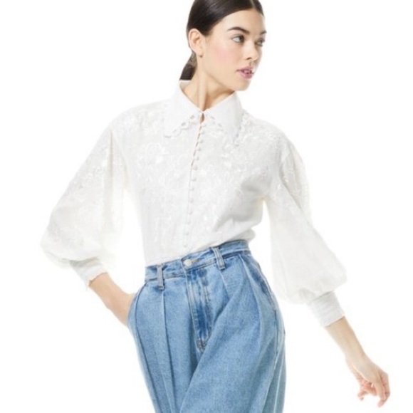 Alice and Olivia Onella Embroidered Button Front Top, XS, NEW/Never Worn! - Picture 2 of 5